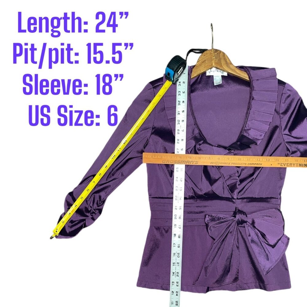 Joseph Ribkoff Eggplant Purple Satin Ruffled Blouse With Bow Detail Womens Size - Picture 3 of 4